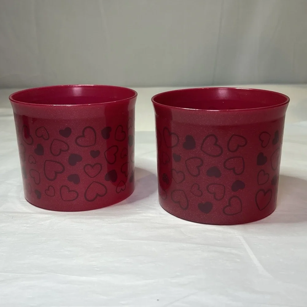 Tupperware Set of 2 Valentine Sparkly Red w/Printed Hearts 4623b-1 No Lids‎
